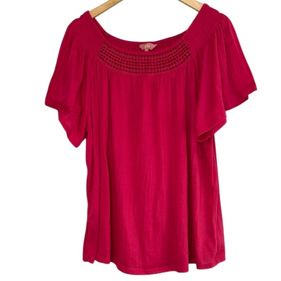 Iyla Magenta Pink Smock Short Sleeve Peasant Top Crochet Neckline Flutter Sl 1X - Picture 11 of 11